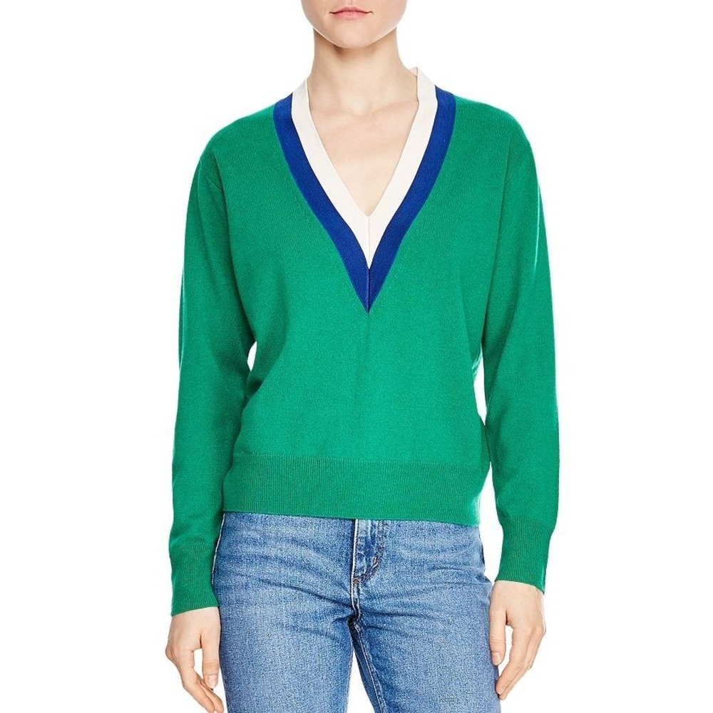 Sandro Paris Nael Wool Cashmere V Neck Varsity Sweater Green Stripes Size XS 1